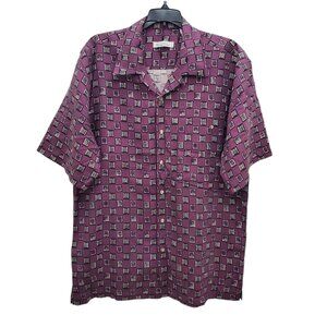 Burma Bibas Men's Vintage Burgundy Retro 70s Pattern 100% Silk Button Up Shirt M